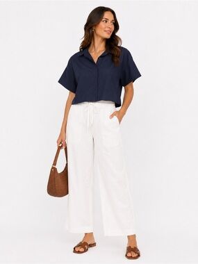 Banana Republic Navy Cropped Button-Front Top